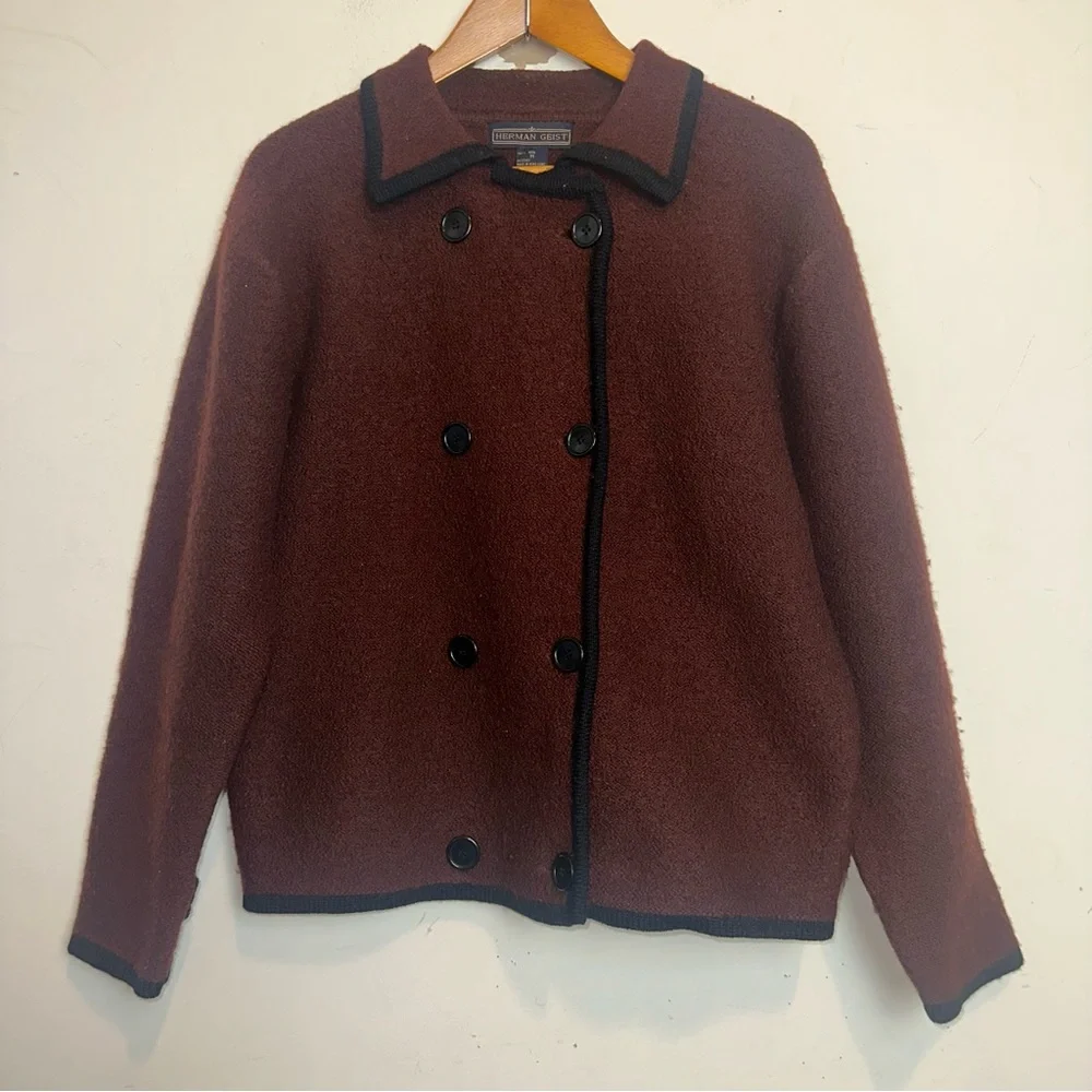 Vintage Herman Geist Brown Double Breasted 100% Wool Brown Cardigan Size Medium - Picture 1 of 7